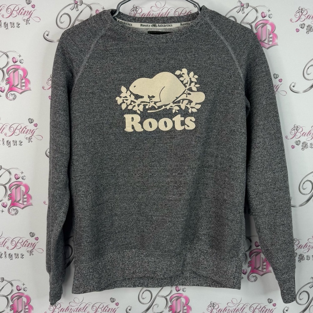 Roots athletics sweater pull over crew neck Charcoal Sweatshirt Cream Logo